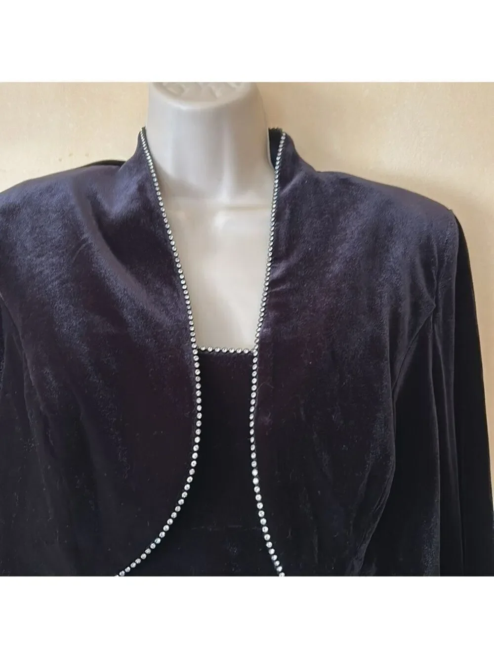 Alex Evenings 2 piece black velvet dress and bolero with rhinestone trim size 8